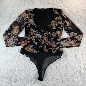Lulus Sheer Me Out Black Floral Sheer Mesh Long Sleeve Bodysuit XL Whimsygoth